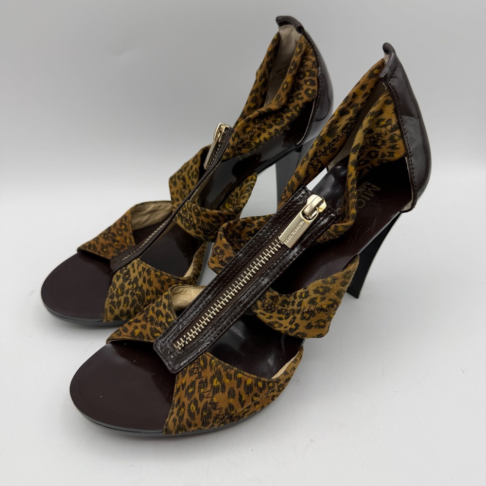Michael Kors Heels Sandals Women 7.5M Brown Leopard Print Zipper Front Patent